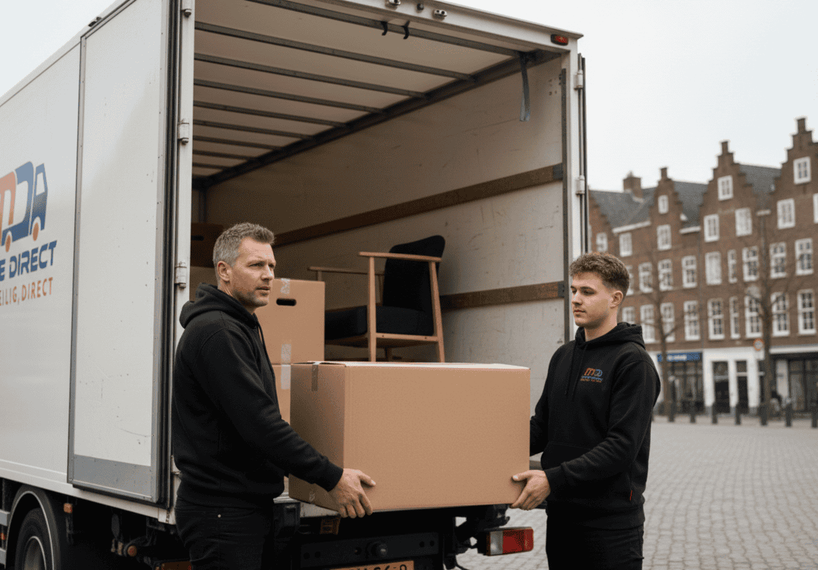 Verhuizers die spullen in het centrum van den bosch inladen voor transport